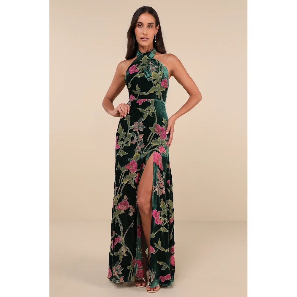 Lulus NWT Flawlessly Gorgeous Green Burnout Floral Halter Maxi Dress - XS